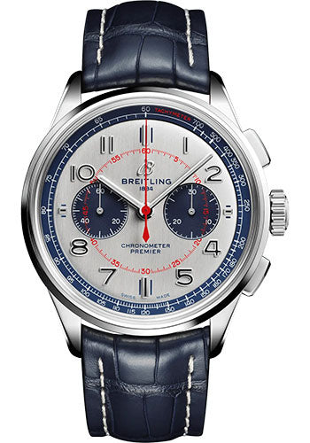 Breitling Premier B01 Chronograph 42 Bentley Mulliner Limited Edition Watch - Stainless Steel - Silver Dial - Blue Alligator Leather Strap - Folding Buckle Limited Edition of 1000 - AB0118A71G1P1