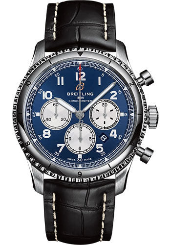 Breitling Aviator 8 B01 Chronograph 43 Watch - Stainless Steel - Blue Dial - Black Alligator Leather Strap - Folding Buckle - AB0119131C1P3