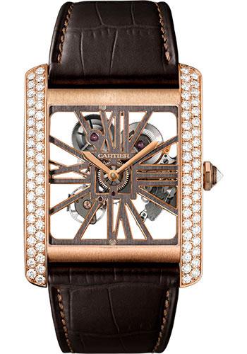 Cartier Tank MC Skeleton Watch - 34.5 mm Pink Gold Diamond Case - Diamond Bezel - Pink Gold Dial - Brown Alligator Strap - HPI00715