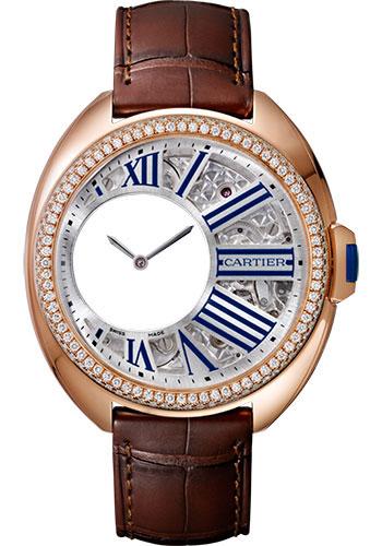 Cartier Cle de Cartier Mysterious Hours Watch - 41 mm Pink Gold Diamond Case - Silvered Openworked Grid Dial - Brown Alligator Strap - HPI00945
