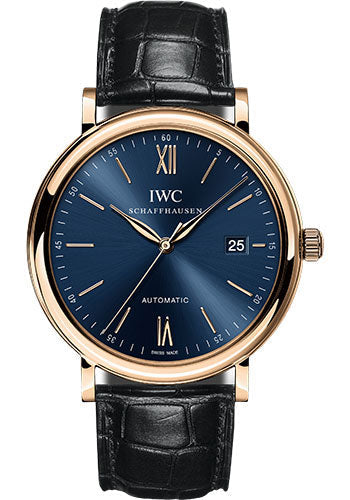IWC Portofino Automatic Watch - 40.0 mm 5N Gold Case - Blue Dial - Black Alligator Strap - IW356522