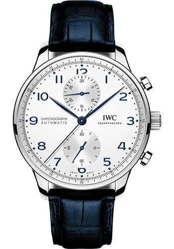 IWC Portugieser Chronograph Watch - 41.0 mm Stainless Steel Case - Silver Dial - Blue Alligator Strap - IW371605