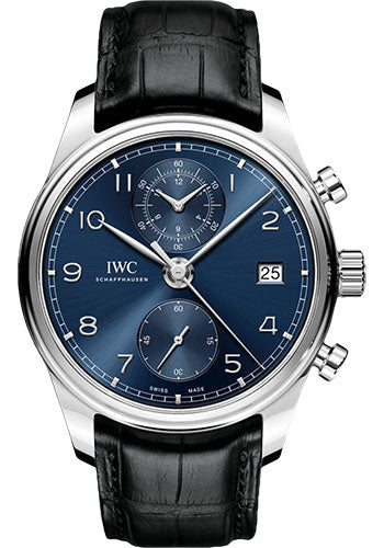 IWC Portugieser Chronograph Classic Watch - 42 mm Stainless Steel Case - Blue Dial - Black Alligator Strap - IW390303