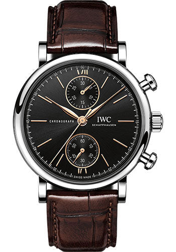 IWC Portofino Chronograph 39 Watch - Stainless Steel Case - Black Dial - Dark Brown Alligator Leather Strap - IW391404