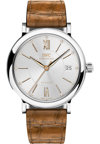 IWC Portofino Midsize Automatic Watch - 37 mm Stainless Steel Case - Silver Dial - Light Brown Alligator Strap - IW458101