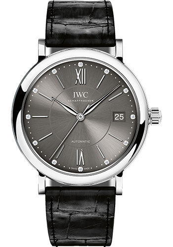 IWC Portofino Midsize Automatic Watch - 37 mm Stainless Steel Case - Black Dial - Black Alligator Strap - IW458102