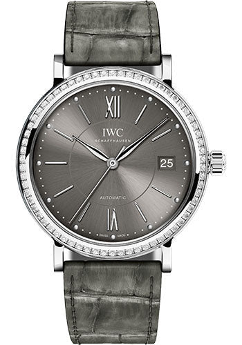 IWC Portofino Midsize Automatic Watch - 37 mm Stainless Steel Case - Grey Dial - Grey Alligator Strap - IW458104