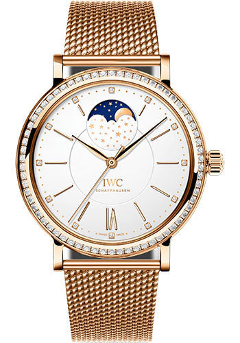IWC Portofino Automatic Moon Phase 37 Watch - 37.0 mm 5N Gold Case - Diamond Bezel - Silver Dial - Milanaise Mesh 5N Gold Bracelet - IW459010