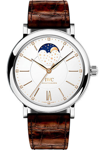IWC Portofino Automatic Moon Phase 37 Watch - 37.0 mm Stainless Steel Case - Silver Dial - Dark Brown Alligator Strap - IW459011