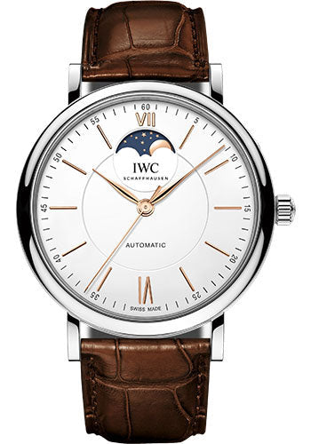 IWC Portofino Automatic Moon Phase Watch - 40.0 mm Stainless Steel Case - Silver Dial - Dark Brown Alligator Strap - IW459401