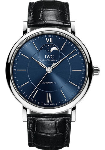 IWC Portofino Automatic Moon Phase Watch - 40.0 mm Stainless Steel Case - Blue Dial - Black Alligator Strap - IW459402