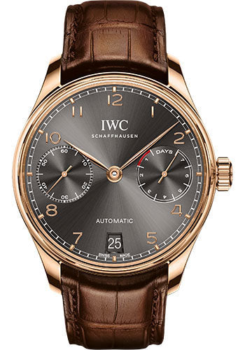 IWC Portugieser Automatic Watch - 42.3 mm 5N Gold Case - Slate Dial - Brown Alligator Strap - IW500702