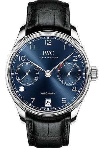 IWC Portugieser Automatic Watch - 42.3 mm Stainless Steel Case - Blue Dial - Black Alligator Strap - IW500710