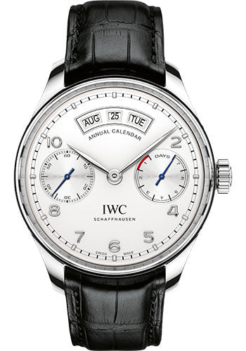 IWC Portugieser Annual Calendar Watch - 44.2 mm Stainless Steel Case - Silver Dial - Black Alligator Strap - IW503501