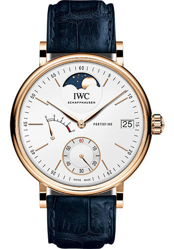 IWC Portofino Hand-Wound Moon Phase - 18K 5N Gold Case - Silver-Plated Dial - Blue Alligator Leather Strap - IW516409
