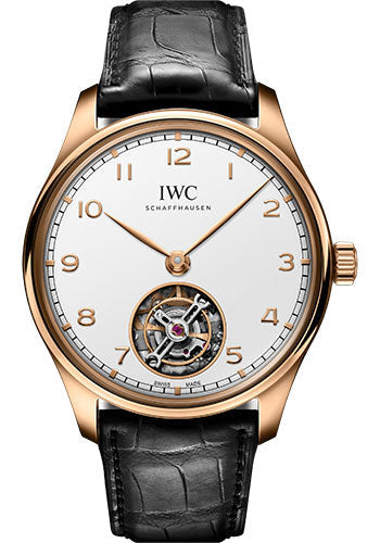 IWC Portugieser Hand-Wound Tourbillon Watch - 18K Armor Gold® Case - Silver-Plated Dial - Black Alligator Leather Strap - IW545801