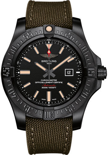 Breitling Avenger Blackbird Watch - Black Titanium - Volcano Black Dial - Khaki Green Military Strap - Tang Buckle - V1731010/BD12/105W/M20BASA.1