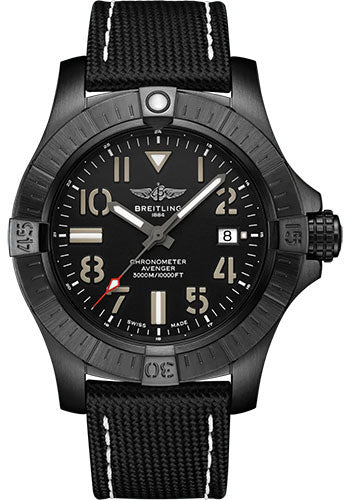 Breitling Avenger Automatic 45 Seawolf Night Mission Watch - DLC-Coated Titanium - Black Dial - Anthracite Calfskin Leather Strap - Tang Buckle - V17319101B1X1