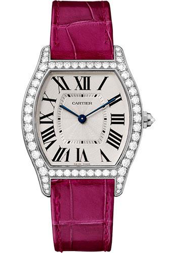 Cartier Tortue Watch - 39 mm White Gold Diamond Case - Fuchsia-Pink Alligator Strap - WA501009