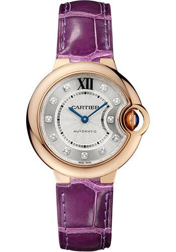 Cartier Ballon Bleu de Cartier Watch - 33 mm Pink Gold Case - Diamond Dial - Purple Alligator Strap - WE902040