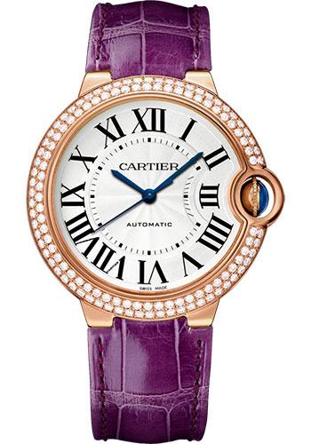 Cartier Ballon Bleu de Cartier Watch - 36 mm Pink Gold Diamond Case - Purple Patent Alligator Strap - WJBB0009