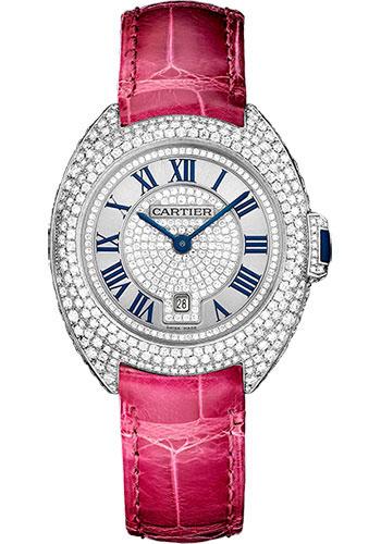 Cartier Cle De Cartier Diamond Paved Watch - 31 mm White Gold Diamond Case - Diamond Bezel - Silver Dial - Fuchsia Pink Alligator Strap - WJCL0017
