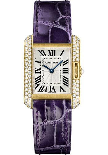 Cartier Tank Anglaise Watch - 30.2 mm Yellow Gold Diamond Case - Silvered Dial - Aubergine Alligator Strap - WT100014